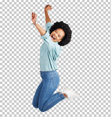 Buy stock photo Happy, portrait and black woman jump celebration of good news on isolated, transparent or png background. Jumping, smile and African lady winner celebrating bonus, promotion or giveaway announcement 