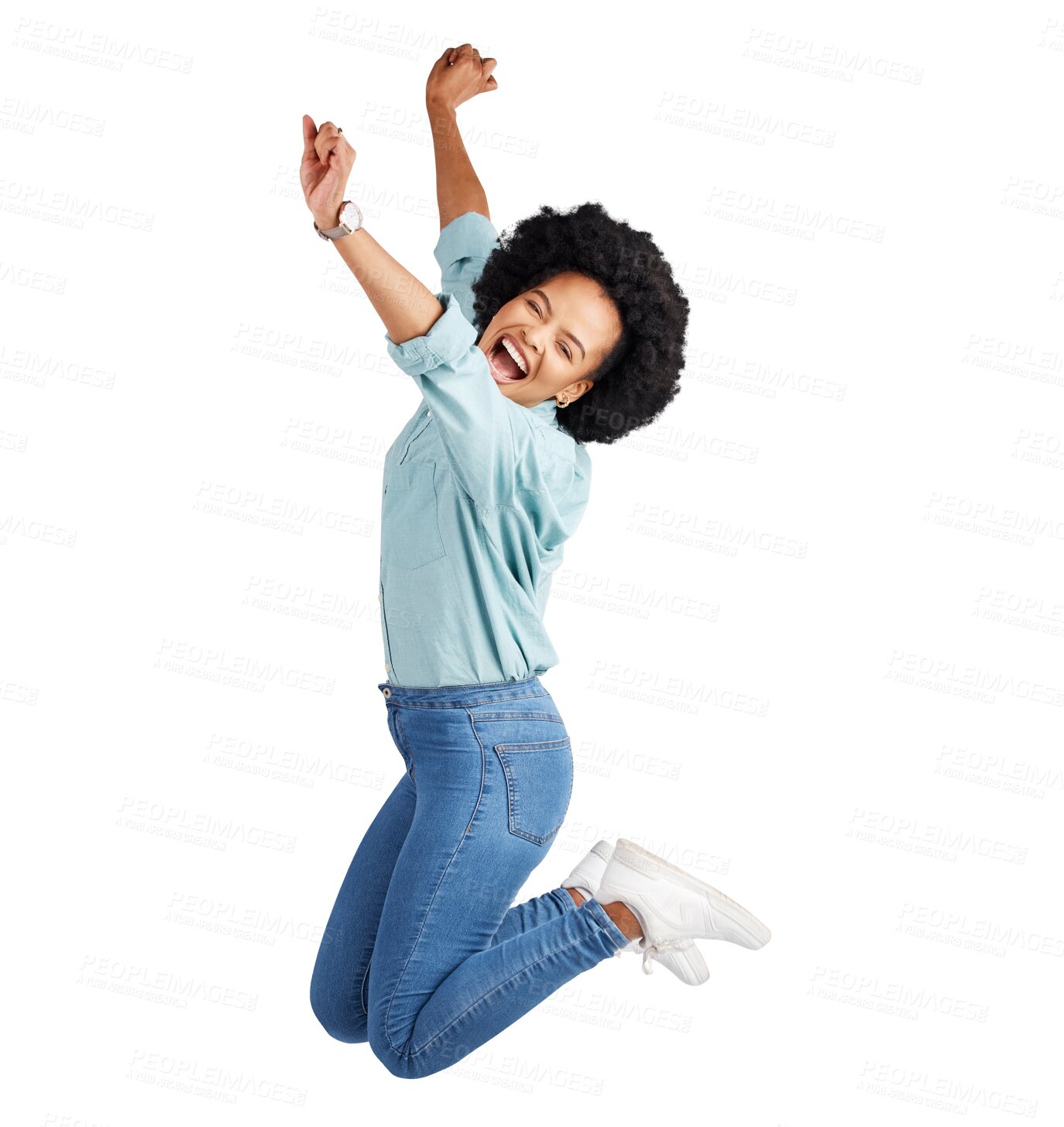 Buy stock photo Happy, portrait and black woman jump celebration of good news on isolated, transparent or png background. Jumping, smile and African lady winner celebrating bonus, promotion or giveaway announcement 