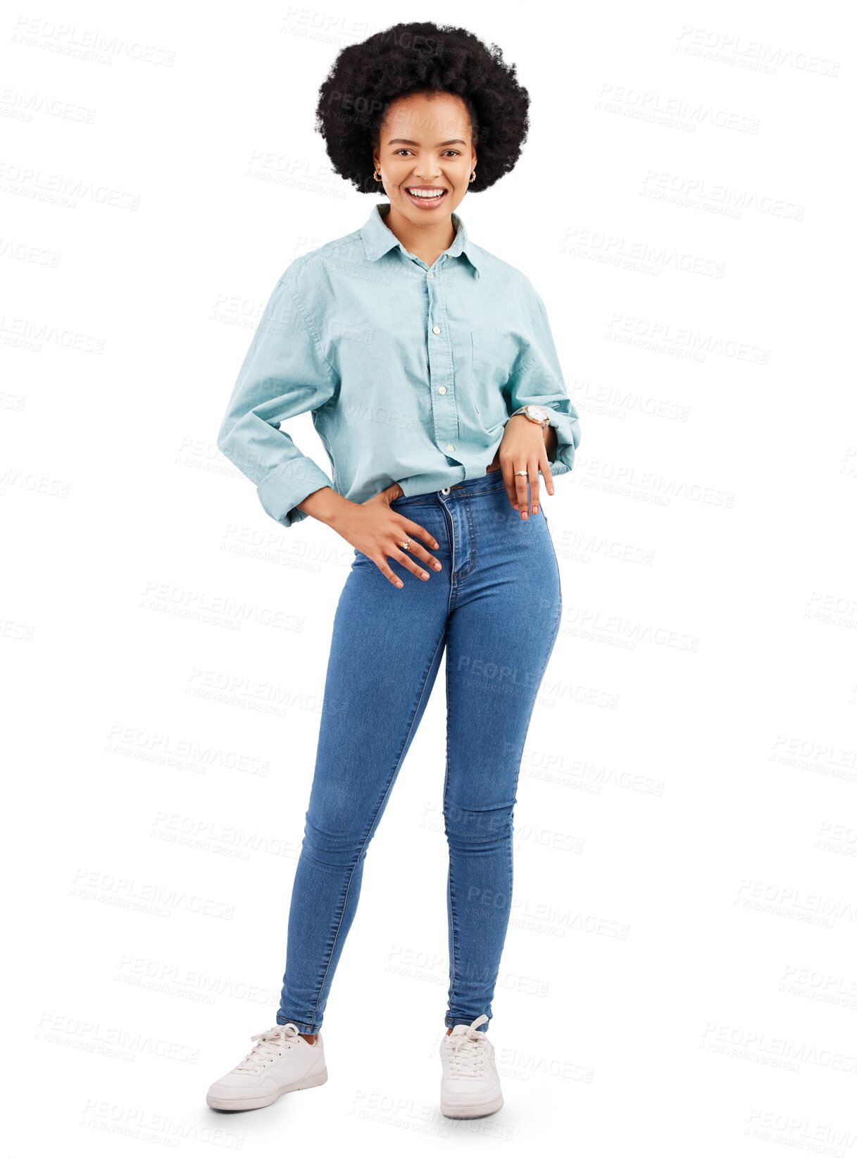 Buy stock photo Fashion, confidence and portrait of happy black woman on png, isolated and transparent background. Trendy style, casual clothes and female person with positive attitude, confident and happiness