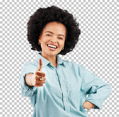 Buy stock photo Feedback, portrait and happy woman thumbs up for achievement, target goals success or congratulations support. Smile, opinion vote and African person approval isolated on transparent, png background