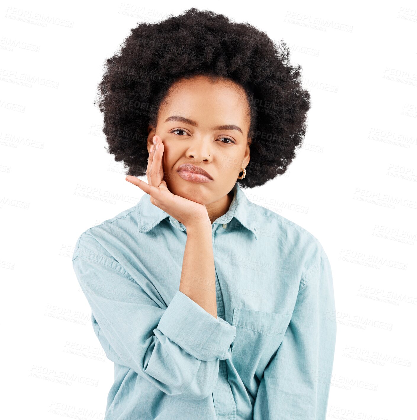 Buy stock photo Confused, unhappy and portrait of woman isolated on a transparent, png background. Upset face, bored and annoyed facial young African female person with boredom gesture, sadness and thinking