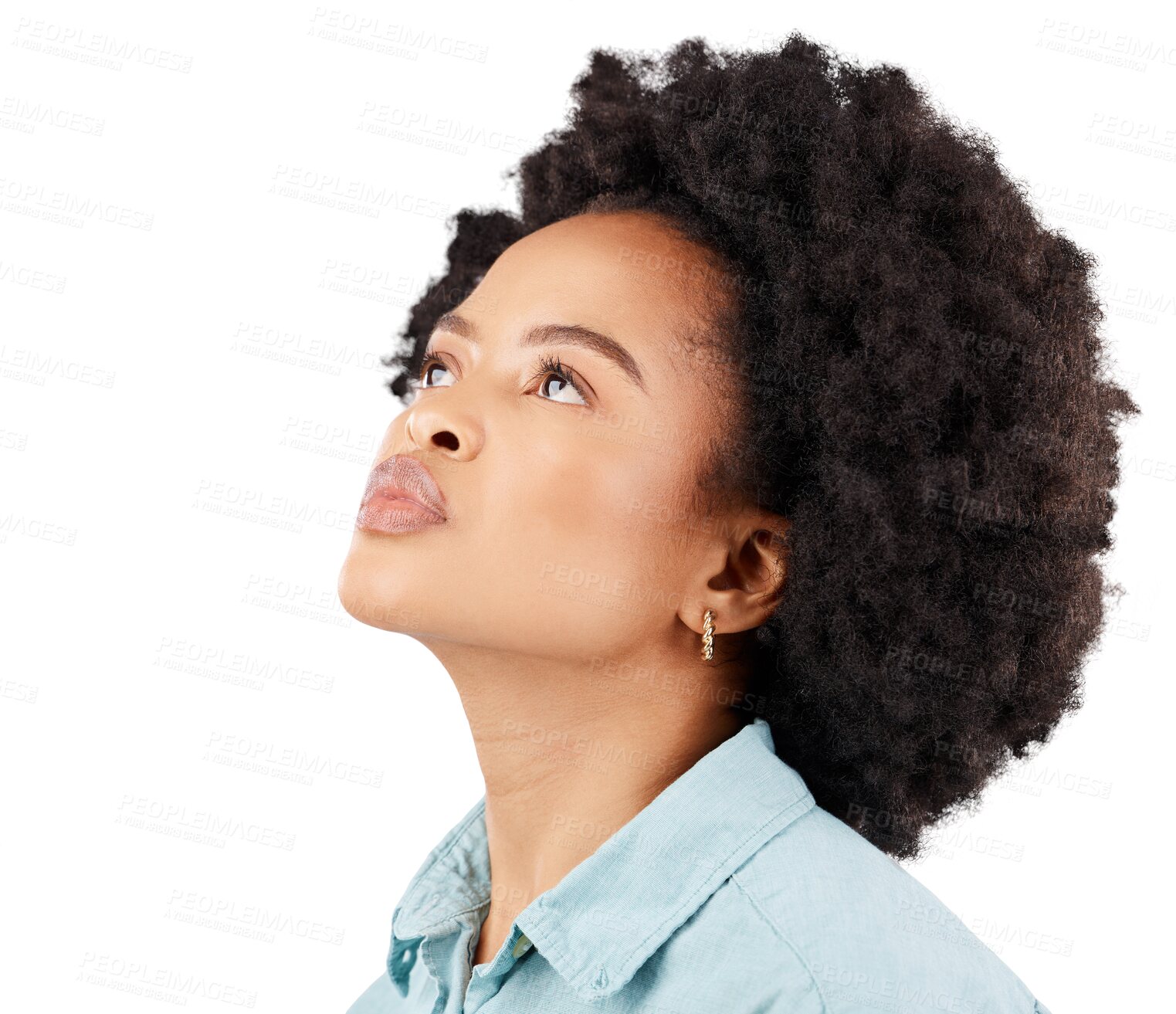 Buy stock photo Beautiful, thinking and portrait of a black woman with an afro isolated on a transparent, png background. Young, inspiration and relax face of an African girl with a idea, vision and confidence