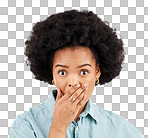 Portrait, hand and mouth with a surprised woman in studio on a gray background feeling shocked by gossip. Face, wow or afro and a young female hearing news with an omg or wtf expression of disbelief