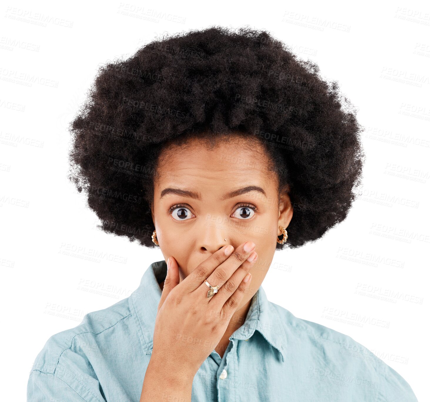 Buy stock photo Face portrait, surprise and woman shocked over WTF gossip, OMG news and cover mouth in reaction. Surprised, wow alert and African person hearing notification isolated on transparent, png background