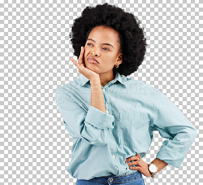 Buy stock photo Confused, thinking and portrait of woman isolated on a transparent, png background. Upset, bored and frustrated with problem and young African female person with boredom and fail feeling moody