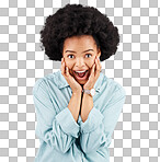 Excited, surprise and face of black woman in studio for winning, achievement and celebration for good news. Success, wow mockup and isolated girl on white background omg for deal, sale and discount