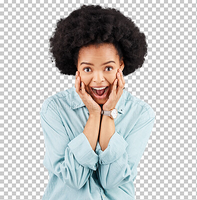 Buy stock photo Wow, news and hands on face of black woman on isolated, transparent or png background. Omg, portrait and African female with open mouth emoji, surprise or shock for deal, announcement or sales promo