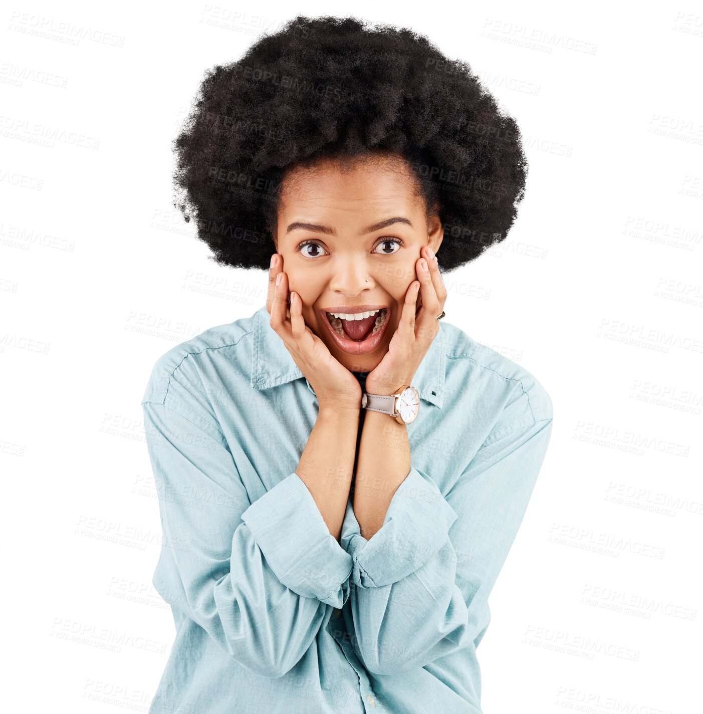 Buy stock photo Wow, news and hands on face of black woman on isolated, transparent or png background. Omg, portrait and African female with open mouth emoji, surprise or shock for deal, announcement or sales promo