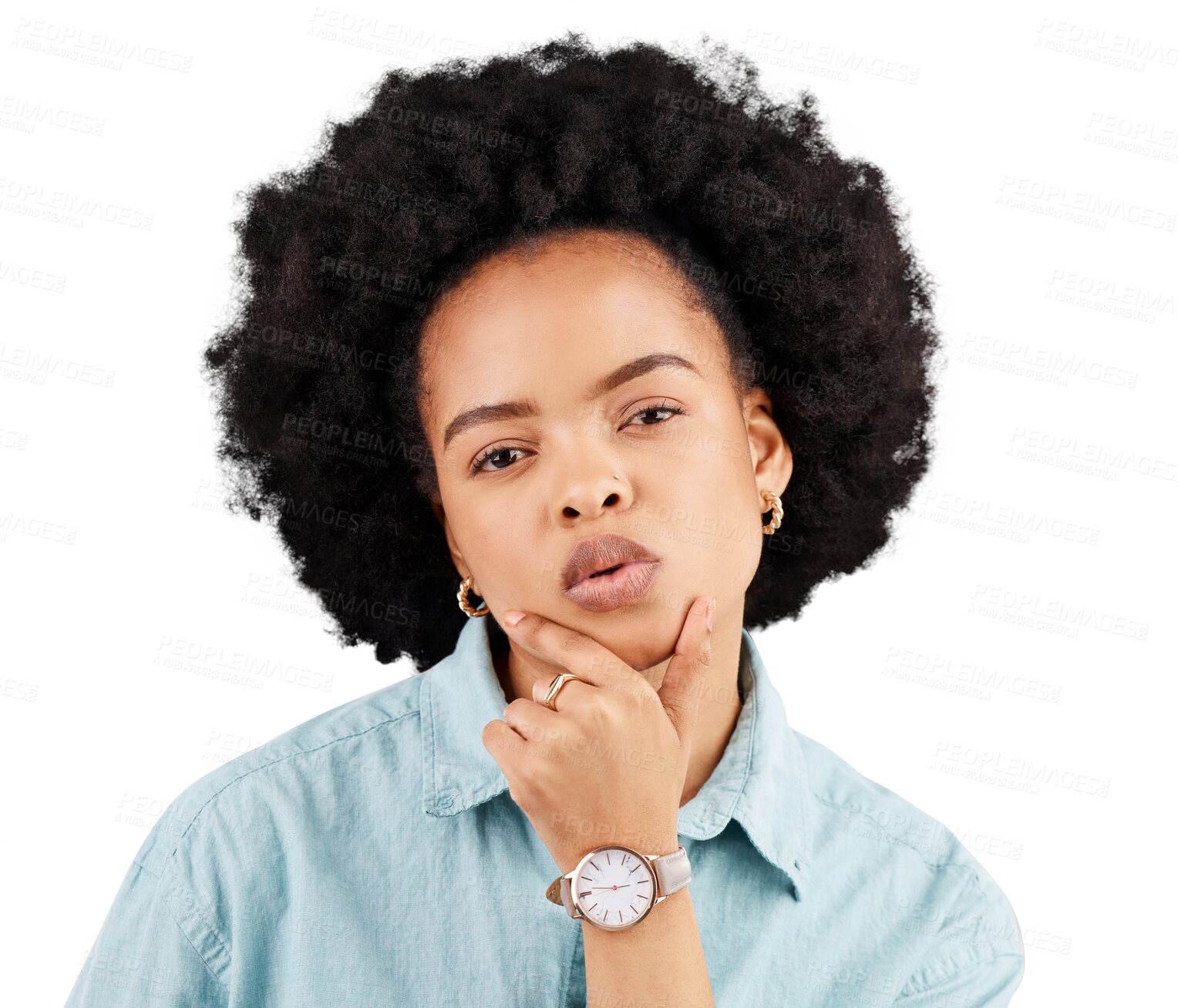 Buy stock photo Idea, thinking and portrait of a woman with an afro isolated on a transparent, png background. Young, relax and beautiful face of an African person with a confidence, cosmetics and contemplation