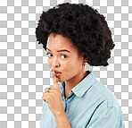 Privacy, portrait and woman with finger on lips in studio, white background and secret sign. Face of female model, silence and shush for quiet, gossip and whisper emoji for confidential mystery news