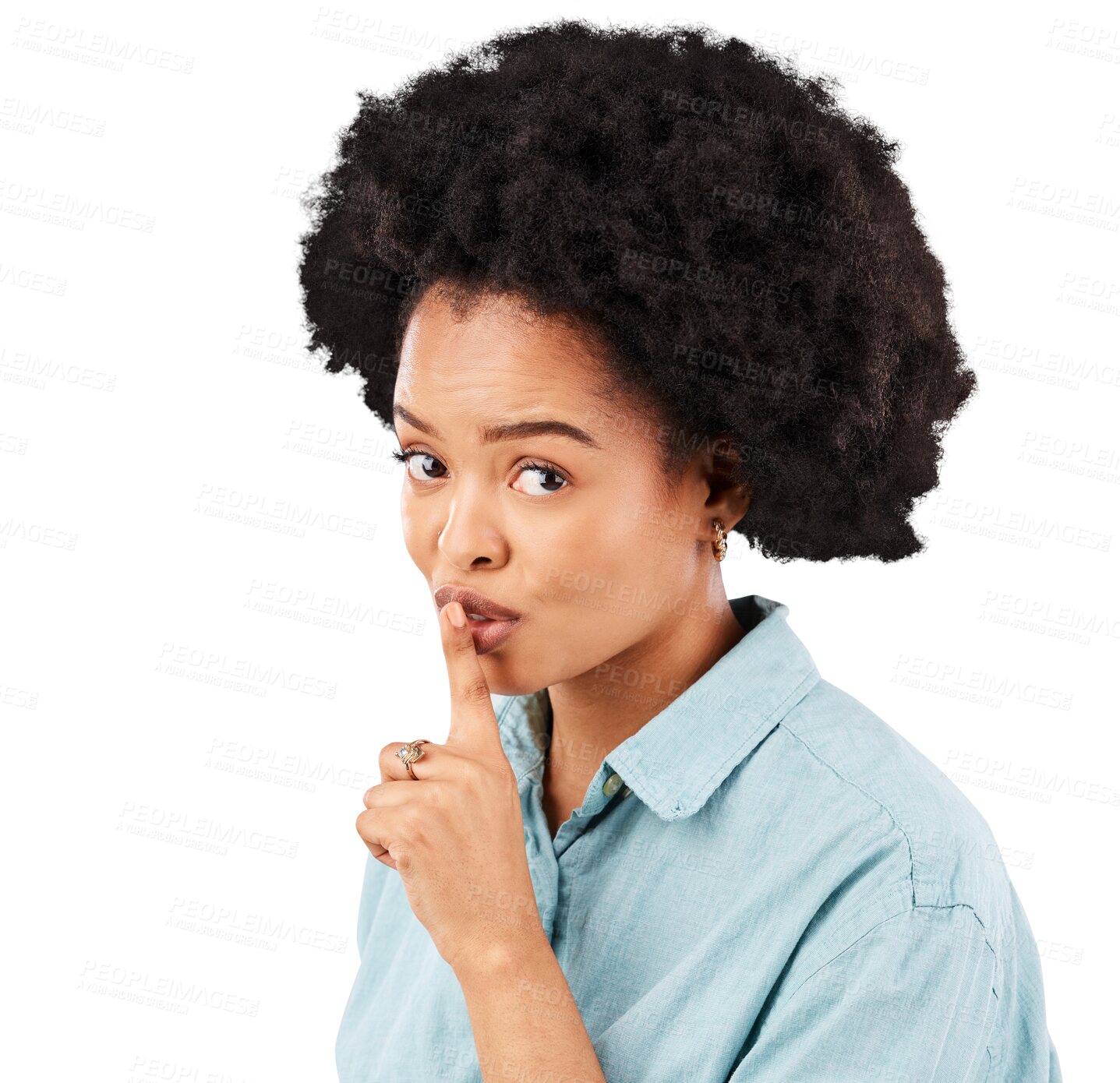 Buy stock photo Portrait, secret and hands on lips of black woman with drama on isolated, transparent or png background. Quiet, whisper and face of African lady person with gossip, confidential or privacy emoji