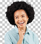 Thinking, happy and face of black woman in studio with smile, confidence and happiness on white background. Business advertising, success mockup and girl with positive mindset, ideas and empowerment