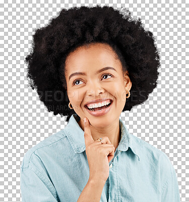 Buy stock photo Thinking, happy and face of woman with smile, confidence and work idea. Success, young and African female person with positive vision, work ideas and inspiration feeling excited with motivation