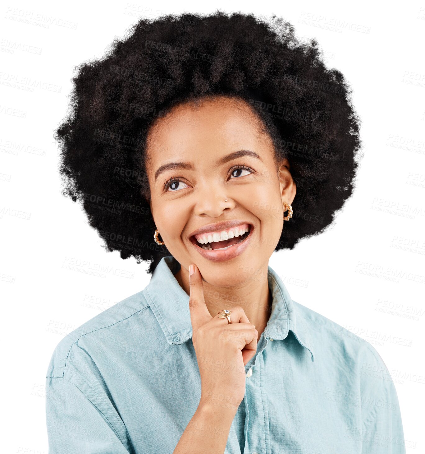 Buy stock photo Thinking, happy and face of woman with smile, confidence and work idea. Success, young and African female person with positive vision, work ideas and inspiration feeling excited with motivation