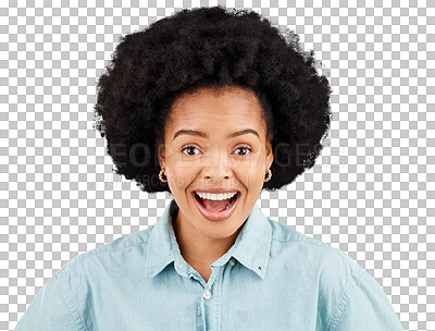 Buy stock photo Wow, portrait and happy black woman surprised on isolated, transparent or png background. Omg, face and African female with open mouth emoji, smile or shock for news, announcement or sales promotion