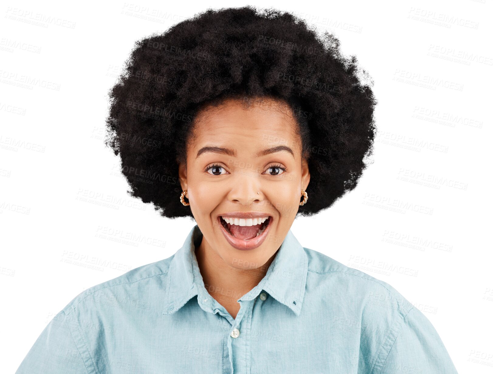 Buy stock photo Wow, portrait and happy black woman surprised on isolated, transparent or png background. Omg, face and African female with open mouth emoji, smile or shock for news, announcement or sales promotion