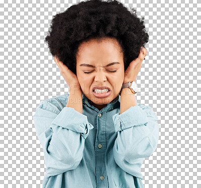 Buy stock photo Headache, stress and hands on ear of black woman on isolated, transparent or png background. Noise, migraine and African female person with anxiety, vertigo or tinnitus, brain fog or frustrated emoji