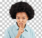 Secret, portrait and woman with finger on lips in studio, white background and privacy sign. Face of female model, silence and shush for quiet, gossip and whisper emoji for confidential mystery news