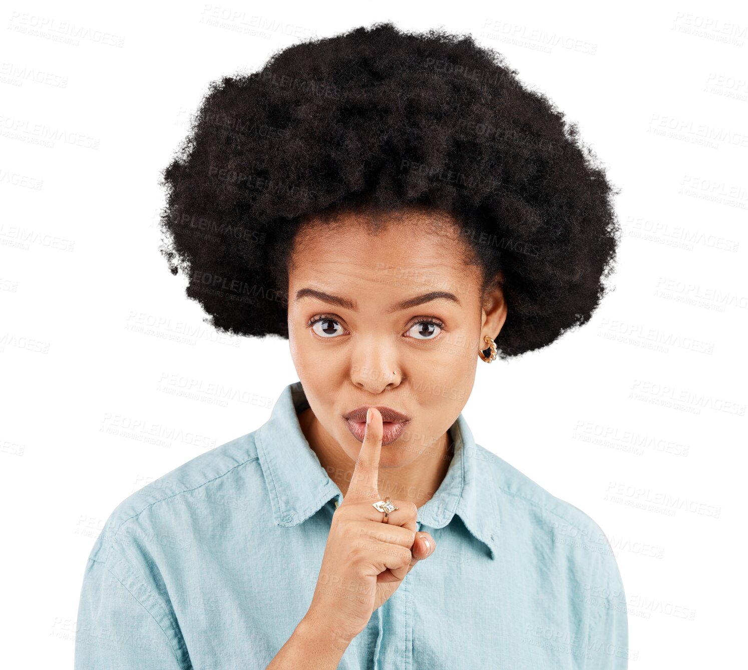 Buy stock photo Secret, portrait and hands on lips of black woman with drama on isolated, transparent or png background. Quiet, whisper and face of African lady person with gossip, confidential or did you know emoji