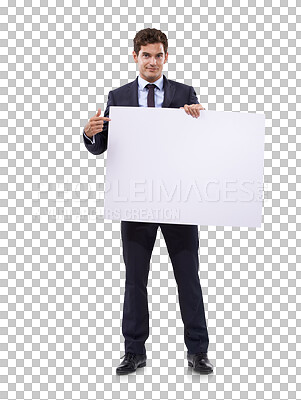 Buy stock photo Business man, poster pointing and portrait of worker with mockup space for deal and advertisement. Promo, deal and announcement sign with a male executive isolated on a transparent, png background