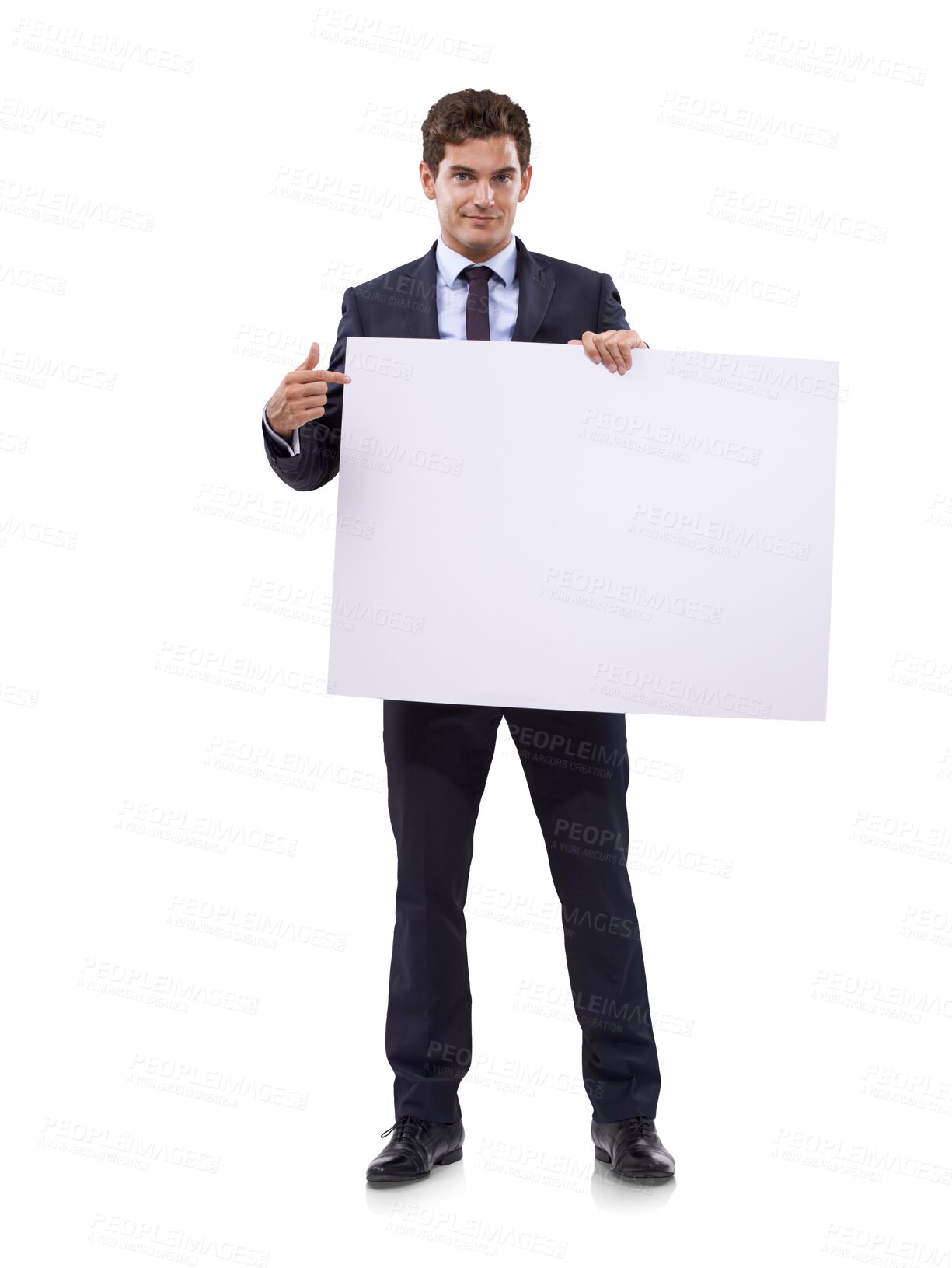 Buy stock photo Business man, poster pointing and portrait of worker with mockup space for deal and advertisement. Promo, deal and announcement sign with a male executive isolated on a transparent, png background