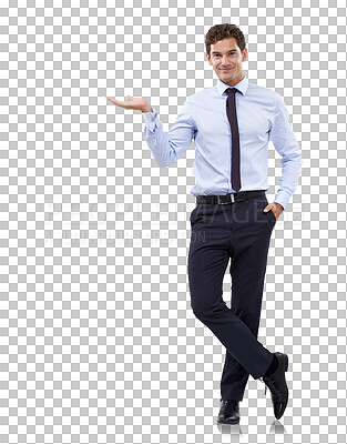 Buy stock photo Business, show and hand with portrait of man on transparent background for promotion, idea and news. Professional, corporate and announcement with employee isolated on png for deal and presentation