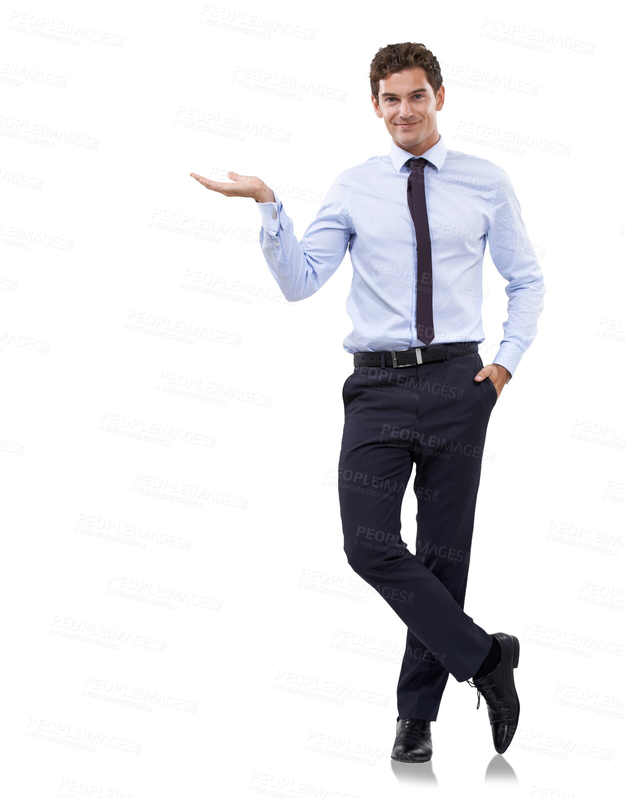 Buy stock photo Business, show and hand with portrait of man on transparent background for promotion, idea and news. Professional, corporate and announcement with employee isolated on png for deal and presentation