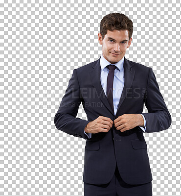 Buy stock photo Business man, portrait and professional style isolated on a transparent, png background. Corporate employee, worker and young male person with success and confidence in suit ready to work with smile