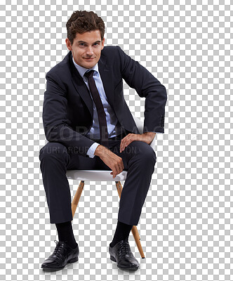 Buy stock photo Business man, confident and portrait on chair isolated on a transparent, png background. Corporate, male professional and young worker with ideas and motivation for success ready for work in suit