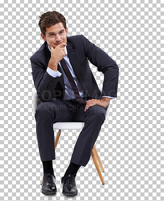 Buy stock photo Thinking, idea and portrait of business man on transparent background for news, confused and decision. Choice, planning and doubt with employee isolated on png for solution, strategy and wondering