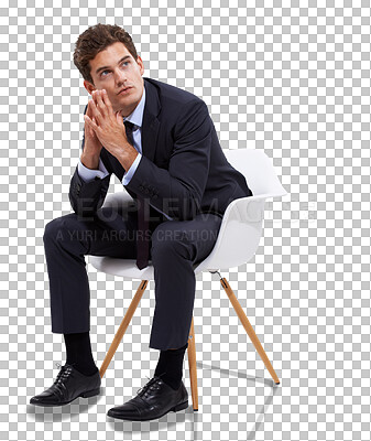 Buy stock photo Chair, fashion and business man thinking on isolated, transparent and png background, serious and focus. Contemplating, questions and young male professional with decision, choice or solution plan