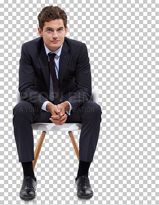 Buy stock photo Businessman, career and sitting portrait isolated on a transparent, png background. Corporate, male professional and young worker with smile and inspiration for success ready for work in suit