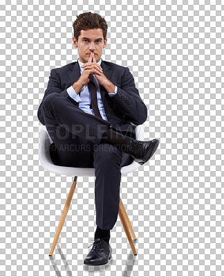 Buy stock photo Business man, job thinking and sitting portrait isolated on a transparent, png background. Corporate, male professional and young worker with ideas and inspiration for success ready for work in suit