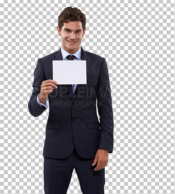 Buy stock photo Business man, poster deal and portrait of worker with mockup space with paper and advertisement. Promo, deal and announcement sign with a male executive isolated on a transparent, png background