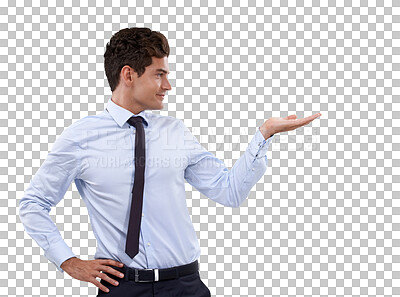 Buy stock photo Presentation, showing and business man with hand on isolated, PNG and transparent background. Advertising, marketing and professional male person with gesture for announcement, news and information