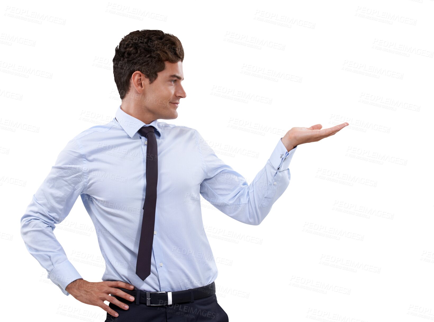 Buy stock photo Presentation, showing and business man with hand on isolated, PNG and transparent background. Advertising, marketing and professional male person with gesture for announcement, news and information