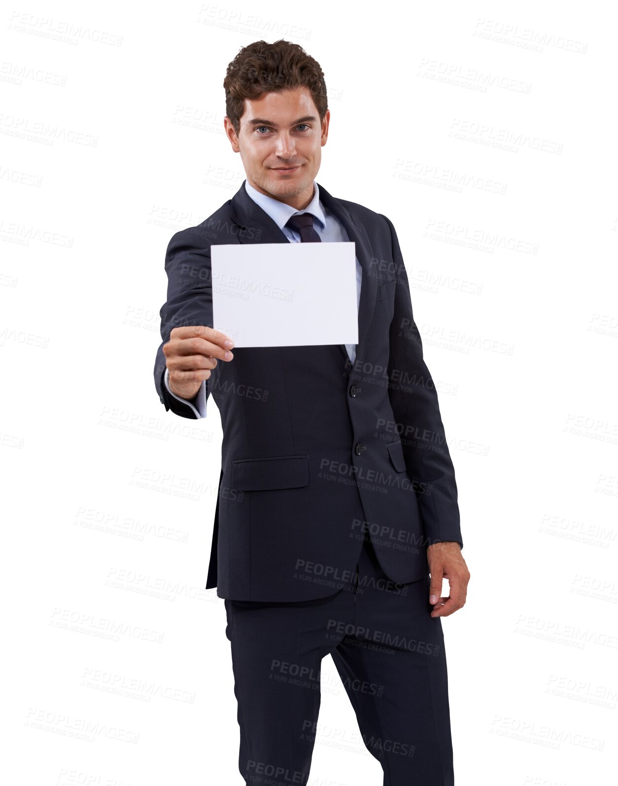 Buy stock photo Business man, blank poster and portrait with mockup space for deal, sale and announcement. Happy, advertising placard and isolated on a transparent, png background with a corporate male professional 