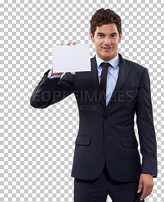 Buy stock photo Businessman, blank job poster and portrait with mockup space for deal, sale and announcement. Happy, advertising placard and isolated on a transparent, png background with a corporate professional 