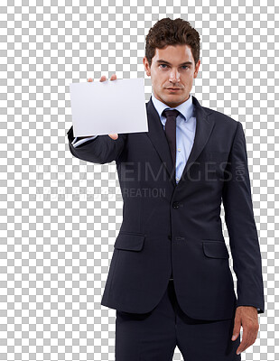 Buy stock photo Mockup, paper and portrait of business man on transparent background for news, announcement and promotion. Corporate, poster and sign with employee and card isolated on png for idea, planning or show