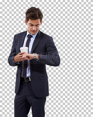 Buy stock photo Business man, watch and running late isolated on a transparent, png background. Coffee, professional and checking clock with a young male employee with hot drink and corporate suit with style