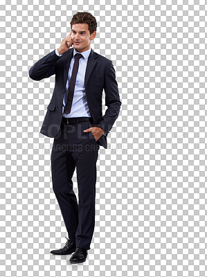 Buy stock photo Cellphone call, networking and business man speaking on smartphone communication, discussion or conversation. Consulting, mobile chat and professional person isolated on transparent, png background