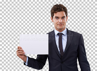 Buy stock photo Business man, blank sign and portrait with mockup space for deal, sale and announcement. Job, advertising placard and isolated on a transparent, png background with a corporate male professional 