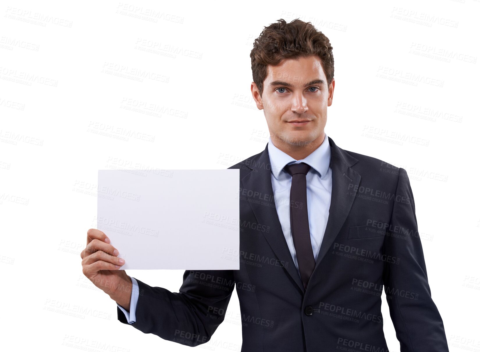 Buy stock photo Business man, blank sign and portrait with mockup space for deal, sale and announcement. Job, advertising placard and isolated on a transparent, png background with a corporate male professional 