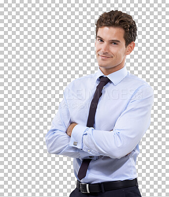 Buy stock photo Business man, arms crossed and worker portrait  with corporate confidence and success. Male employee, happy and professional isolated on a transparent, png background ready for working with job style