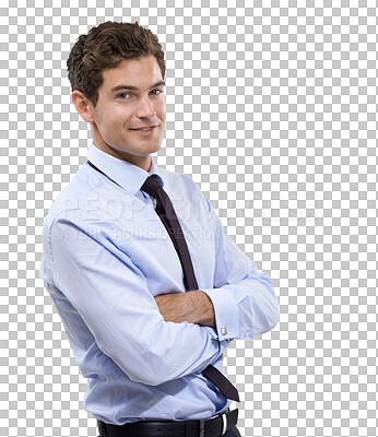 Buy stock photo Business man, arms crossed and smile portrait  with corporate confidence and success. Male employee, happy and professional isolated on a transparent, png background ready for working with style