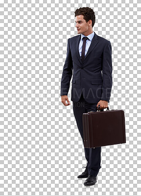 Buy stock photo Business man, suit and briefcase with success, confidence and pride isolated on transparent png background. Corporate professional, male boss and executive with career, entrepreneur and mission