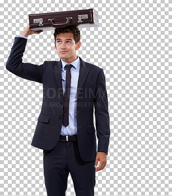 Buy stock photo Business, man and suitcase on head for cover or insurance isolated on transparent png background. Work, problem and businessman with briefcase for protection, safety or job security for risk or fear.