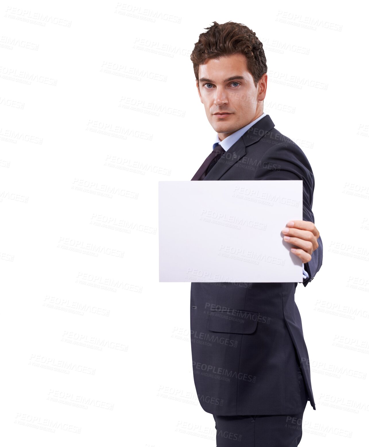 Buy stock photo Mockup, poster and portrait of business man on transparent background for news, announcement and promotion. Corporate, paper and sign with employee and card isolated on png for idea, planning or show