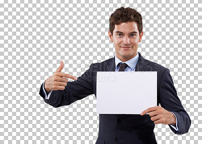 Buy stock photo Business man, poster pointing and portrait with mockup space for deal choice and announcement. Happy, advertising placard and isolated on a transparent, png background with a corporate professional 