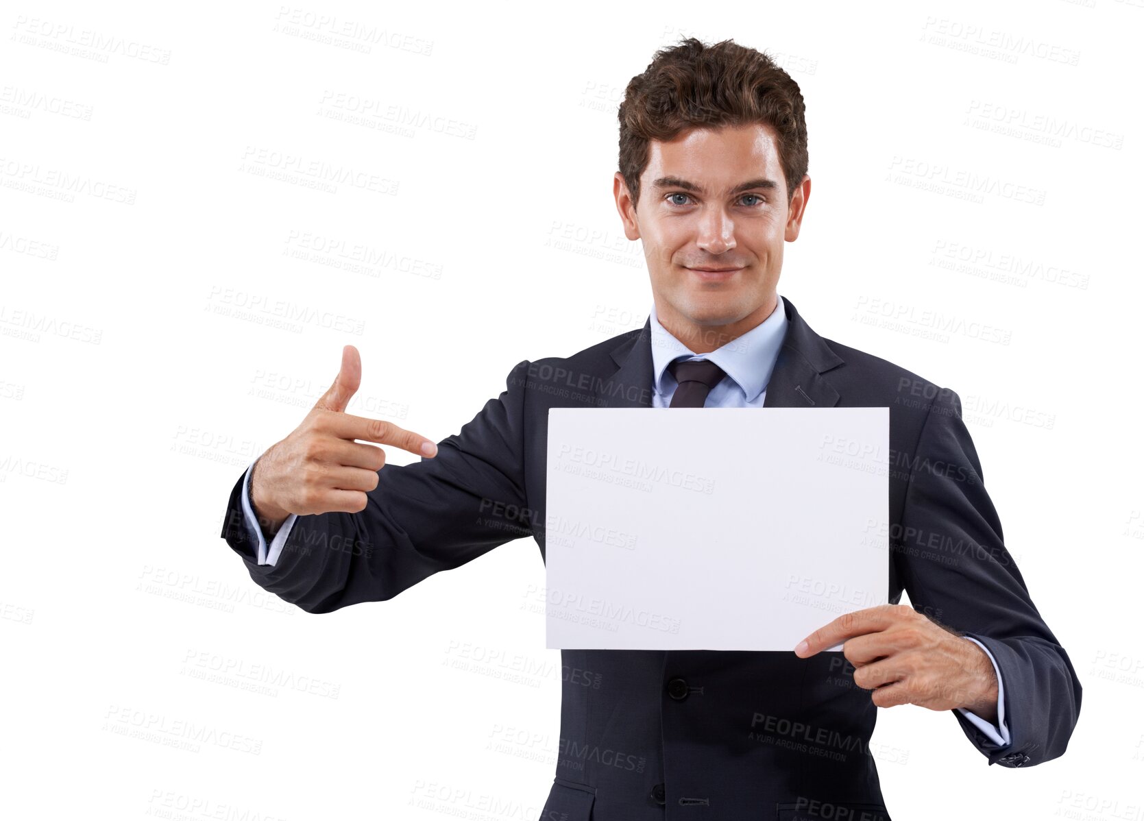 Buy stock photo Business man, poster pointing and portrait with mockup space for deal choice and announcement. Happy, advertising placard and isolated on a transparent, png background with a corporate professional 